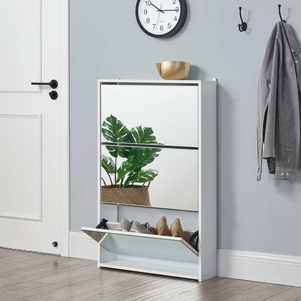 Scarpiera Stretta Lund con Ante a Specchio e 3 Contenitori Ribaltabili - Bianco [en.casa]
