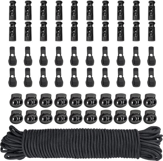 Cavo in Nylon Elastico a Bungee con Schiuma di Gomma per Corda - Cavo Multifunzionale da 10M con Foro Singolo e Doppio Foro (Nero) - Blocco a Slittone per Corda con Tappo di Sostituzione