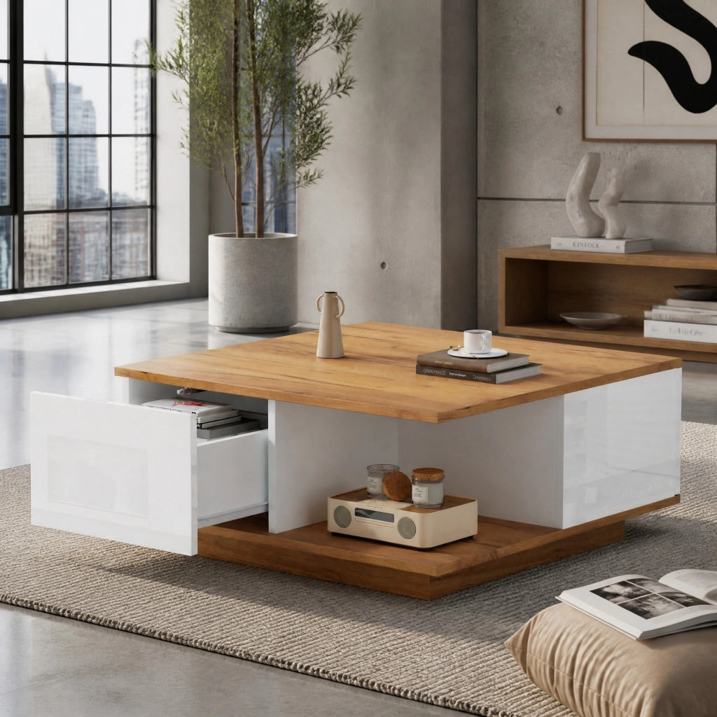 Tavolino da caffè quadrato 70 x 70 x 31;5 cm con 3 cassetti; bianco e legno