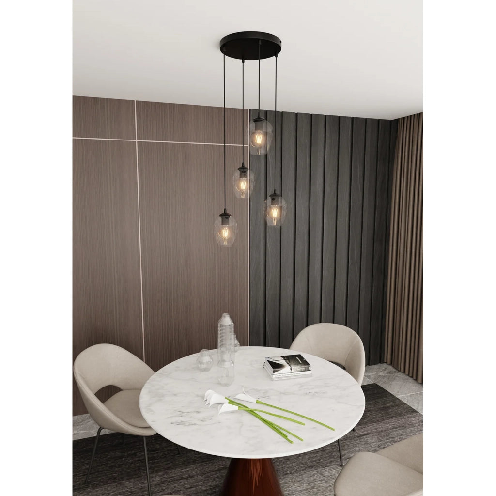 Lampadario 4 Luci Fuxi Base Tonda In Acciaio Nero E Vetri Trasparente