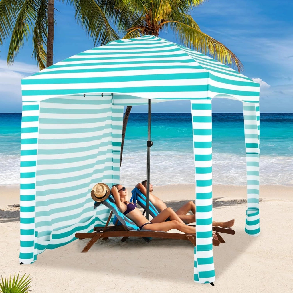 Tenda da Spiaggia Pieghevole 183 x 183 cm, Tenda da Mare con Borsa di Trasporto, Parete Removibile e 8 Tasche per Sabbia, per Spiaggia, Campeggio e Picnic (Verde e Bianco, 183 x 183 cm)