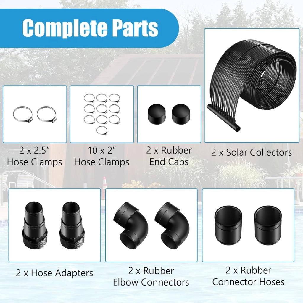 Riscaldatore Solare, Set di 2 Pannelli Solari per Piscina Fuori Terra, Materiale PE di qualità, Set di Accessori Completi, per Piscina Fino a 12000L di Acqua, Nero (5 x 0,75 m)