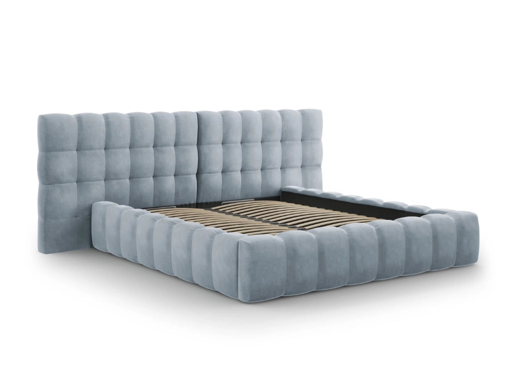 Cosmopolitan Design - Letto a cassettone con testiera doppia "Bali" 140x200cm in velluto azzurro 