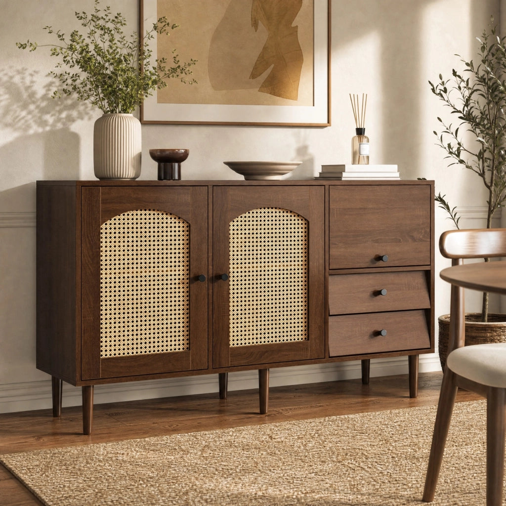 Credenza country con ante in rattan, 130x40x75,5 cm