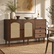 Credenza country con ante in rattan, 130x40x75,5 cm