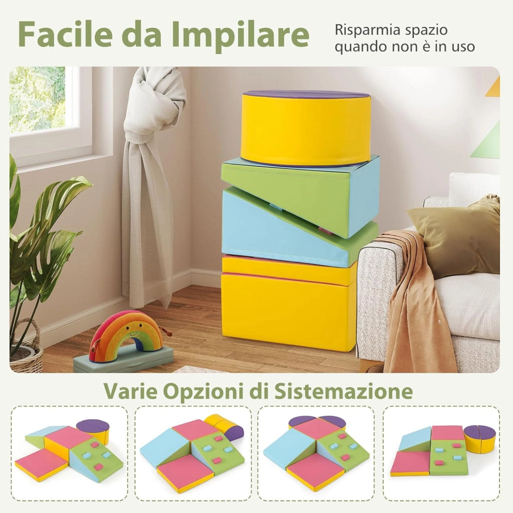 Set di 6 Blocchi di Schiuma per Arrampicata per Bambini, Blocchi in Schiuma per Arrampicarsi e Strisciare, Costruzione Mattoncini Morbidi per Bambini 12+ Mesi, Multicolore