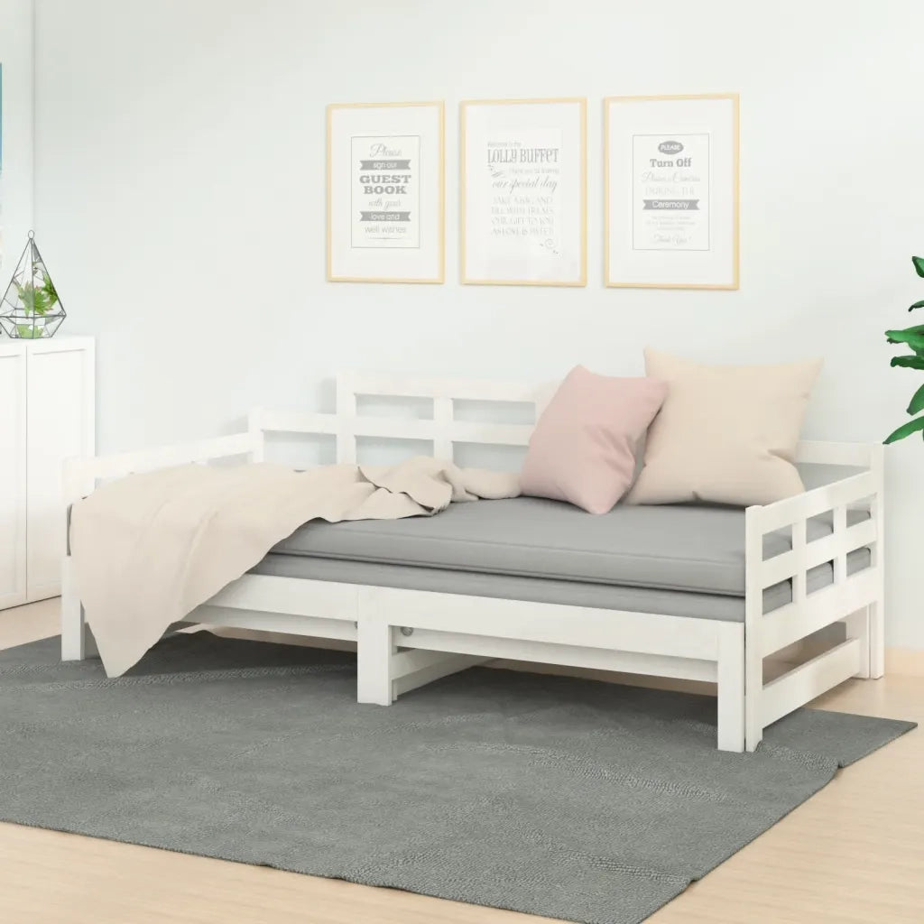 Letto singolo | Letto per adulti | Dormeuse Estraibile Bianca Legno Massello di Pino 2x(90x200) cm