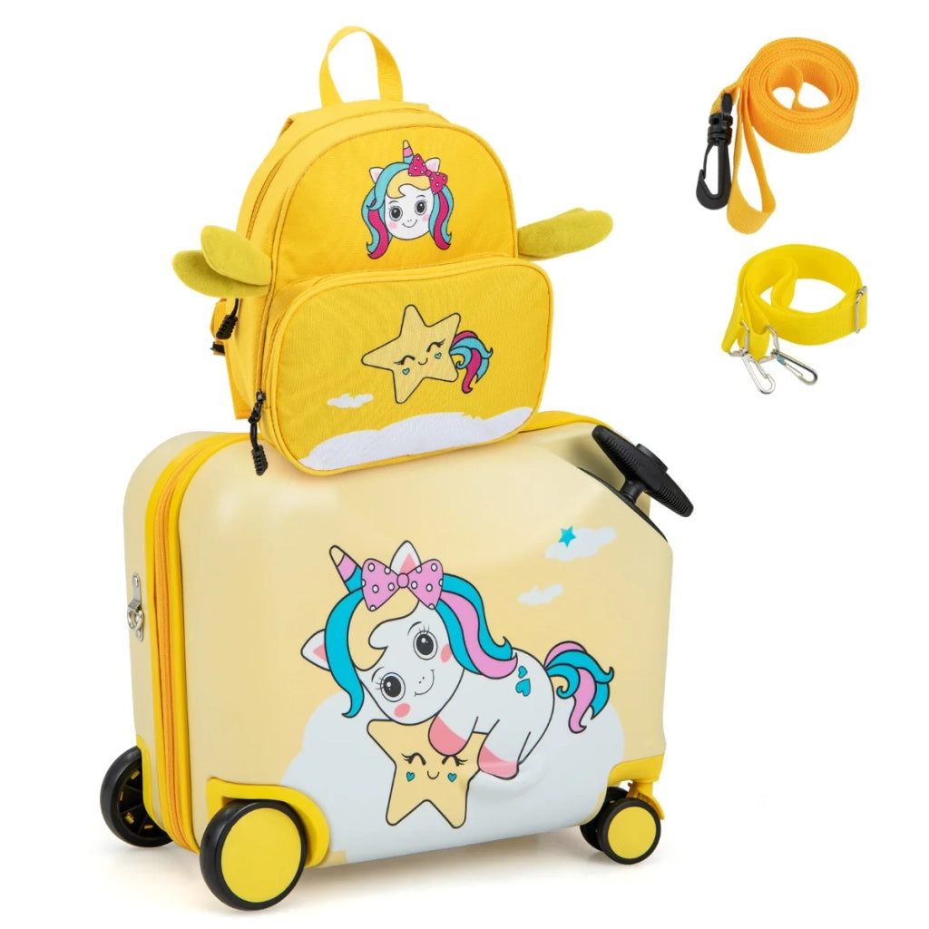 Set di valigie per bambini da 2 pezzi: valigia 47 x 26,5 x 36,5 cm e zaino 30 x 26 cm grazioso e multifunzionale in plastica ABS gialla 20_0009821