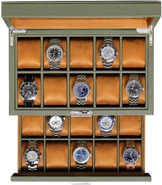 Cassettiere in legno con 20 contenitori, orologeria in stile lussuoso, organizzatore di gioielli, cassetta orologeria chiusa con coperchio in vetro di grandi dimensioni, orologeria per uomo e donna