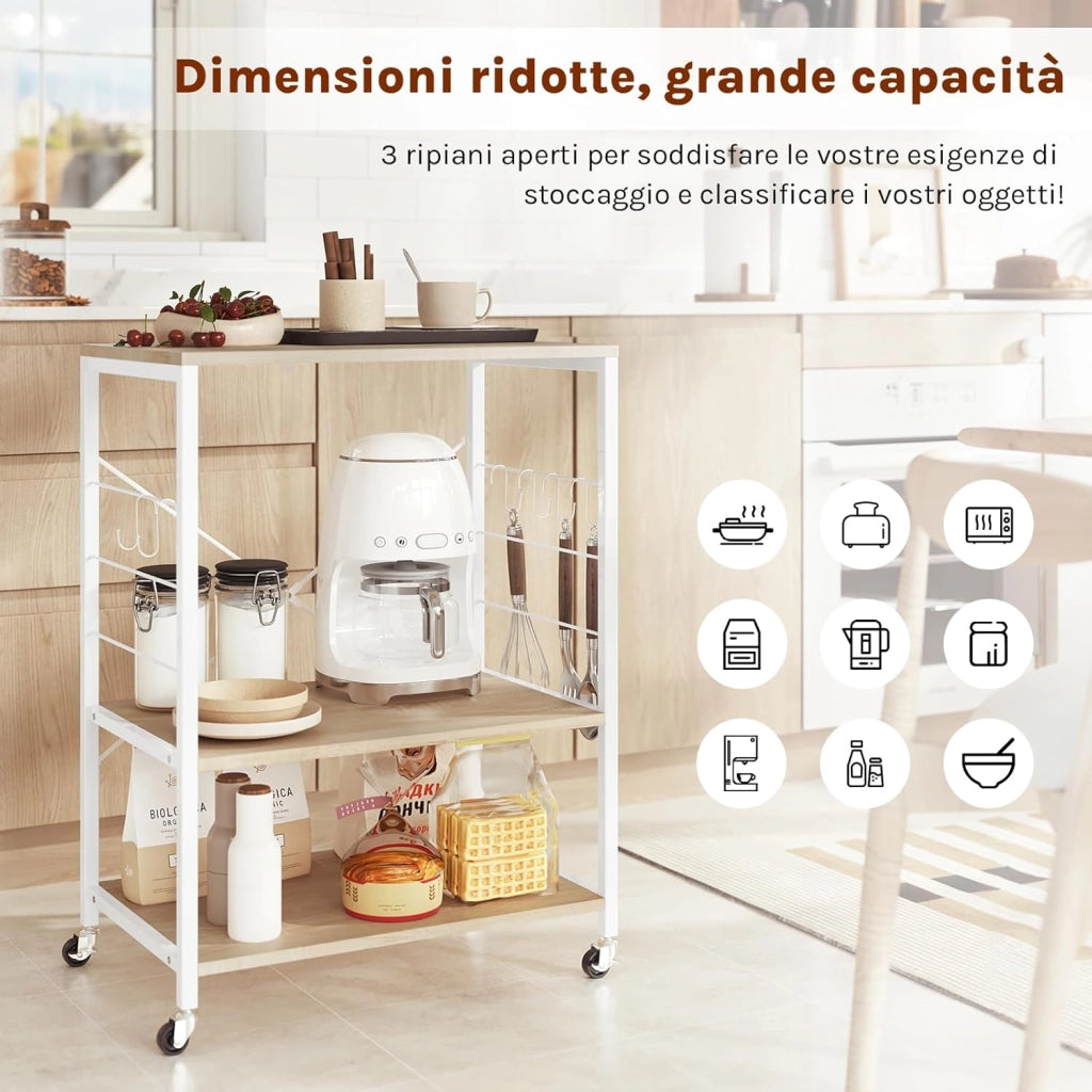 Scaffale da Cucina con Ruote, Carrello Cucina a 3 Livelli, Scaffale per Microonde con 4 Ganci, Carrello da Bar con Struttura in Metallo, Bianco + Effetto Legno, 60x40x82,5 cm