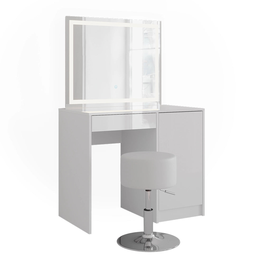 Vicco Tavolo da toeletta Bianco/bianco lucido 89.8 cm con specchio LED e sgabello