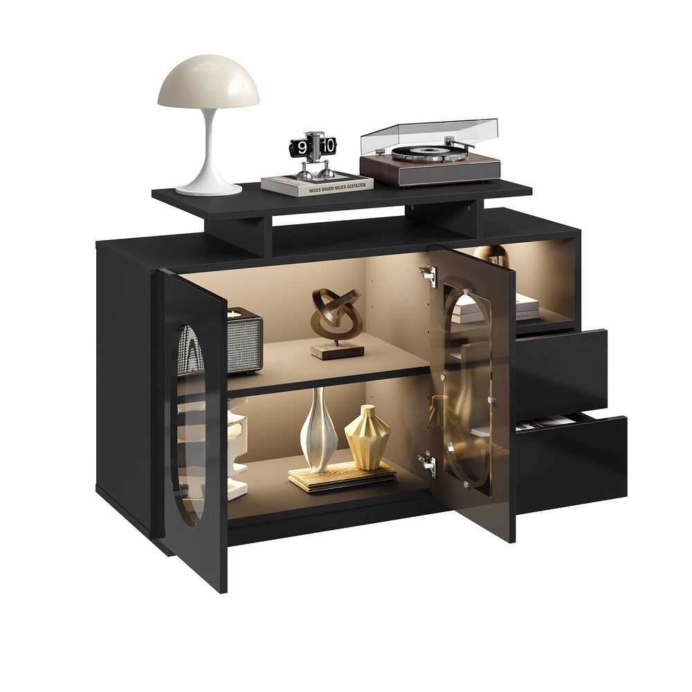 Credenza LED con Ante in Vetro ¨C MINIMAL ¨C Nero Lucido