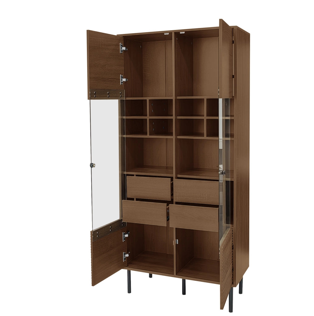 Credenza multifunzione con vetrina in vetro; 4 cassetti nascosti e ripiani; finitura noce