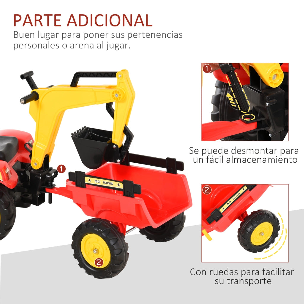 Trattore Giocattolo a Pedali con Rimorchio Escavatore ¨C Minimal ¨C Rosso 179x42x59 cm