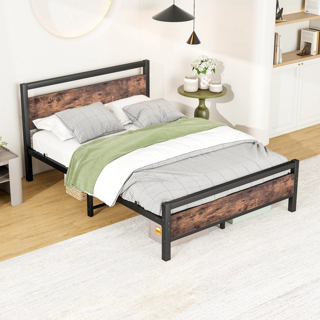 LETTO 140x190 cm in MDF e Metallo con rete a doghe, stile industriale, marrone