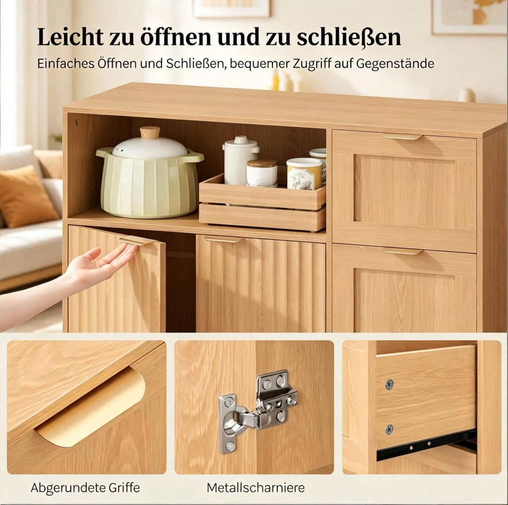 Sideboard da cucina con cassetti, vani chiusi e ripiano regolabile
