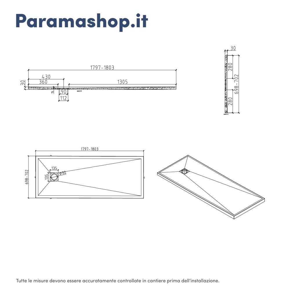 Piatto doccia rettangolare 70x180 cm in marmoresina bianco effetto pietra h3 cm | Milos