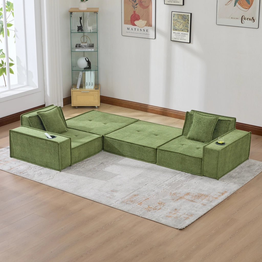 Divano modulare imbottito in ciniglia verde con tasche laterali e due cuscini 162 × 78 × 66 cm