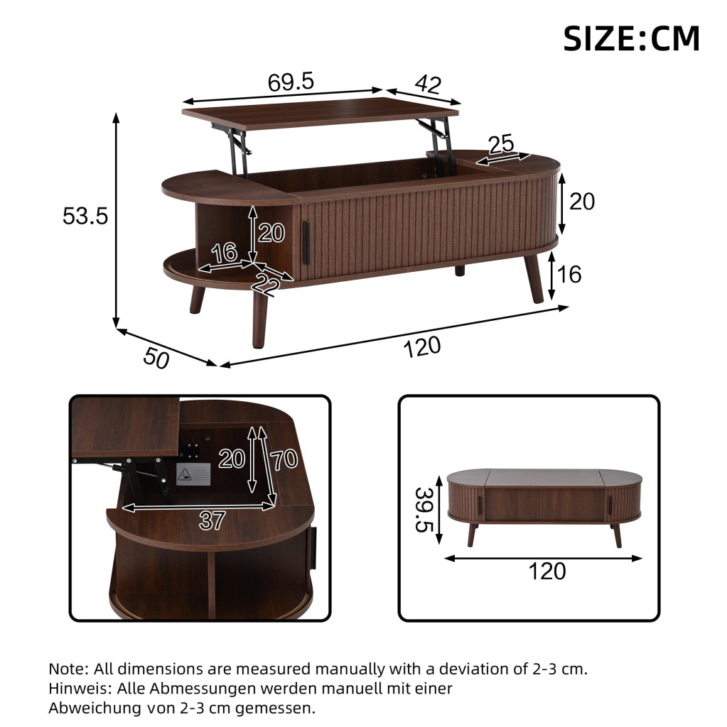 Tavolino da caffè sollevabile 120x50 cm con vano contenitore e ripiani noce