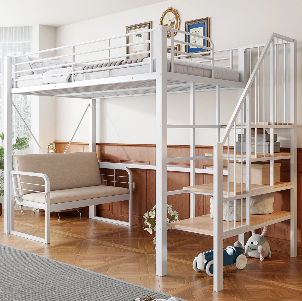 Letto a castello 90x200 cm in metallo e MDF bianco con divano imbottito; scala contenitore