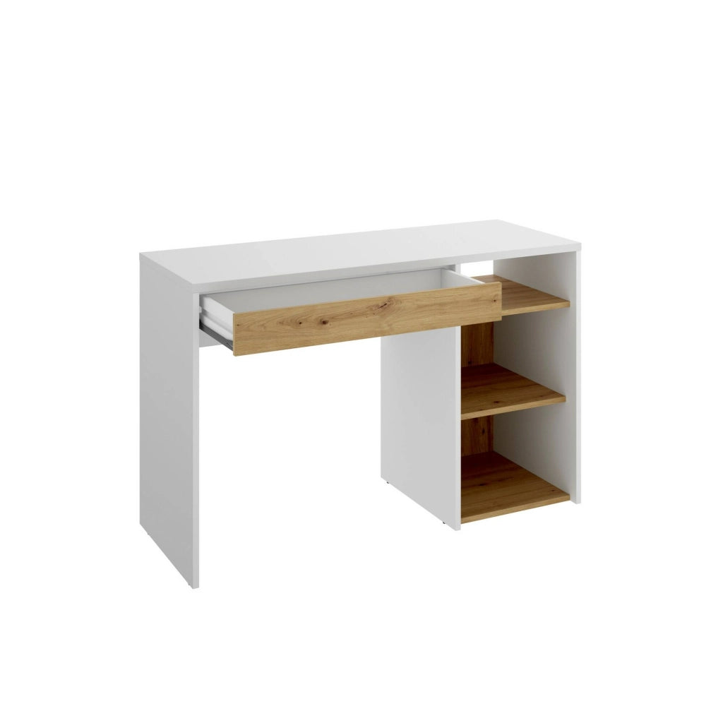 Scrivania Antonello, Scrittoio ufficio salvaspazio multiuso, Tavolo da studio lineare con 1 cassetto e 3 ripiani, 110x50h74 cm, Bianco e Rovere Nodi