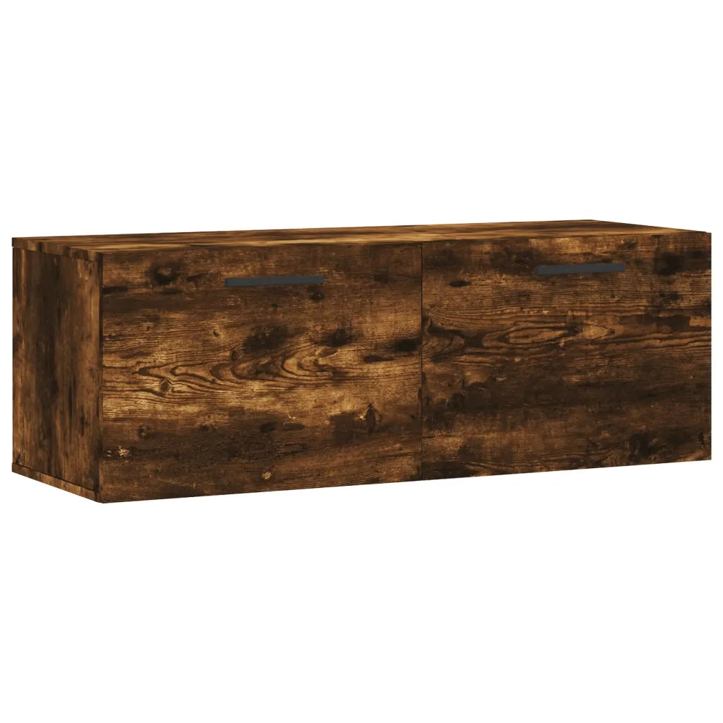 Mobiletto a muro funzionale e di design con vani portaoggetti decorativi 100 x 36,5 x 35 cm realizzato in legno composito finitura rovere affumicato 02_0048896