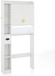 Mobile su WC con striscia luminosa, armadio da bagno con porte, ripiani aperti, supporto per carta igienica e gancio laterale, 80 x 20 x 171 cm, scaffale di stoccaggio (Bianco)