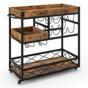 Carrello bar con vassoio rimovibile portabottiglie porta calici e ruote, Carrello cucina a 3 livelli Marrone-Portabottiglie