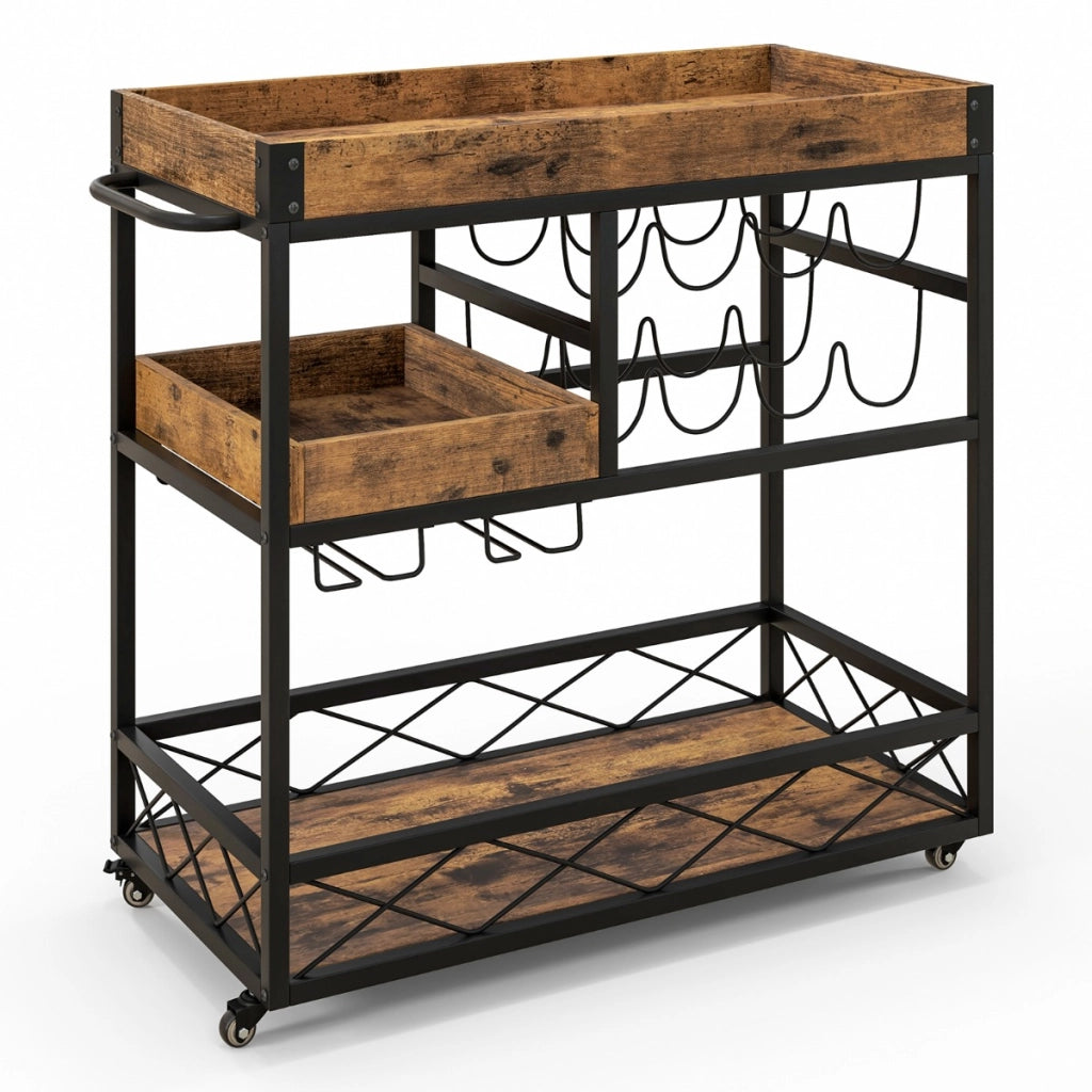 Carrello bar con vassoio rimovibile portabottiglie porta calici e ruote, Carrello cucina a 3 livelli Marrone-Portabottiglie