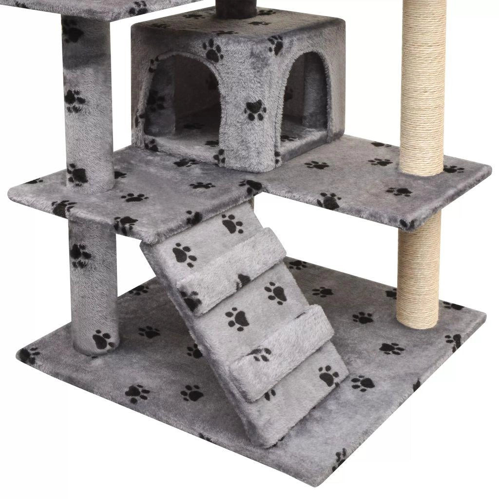 Tiragraffi albero per gatti cuccia per gatti giocattolo peluche e sisal 125 cm impronte di zampe grigio 3702268