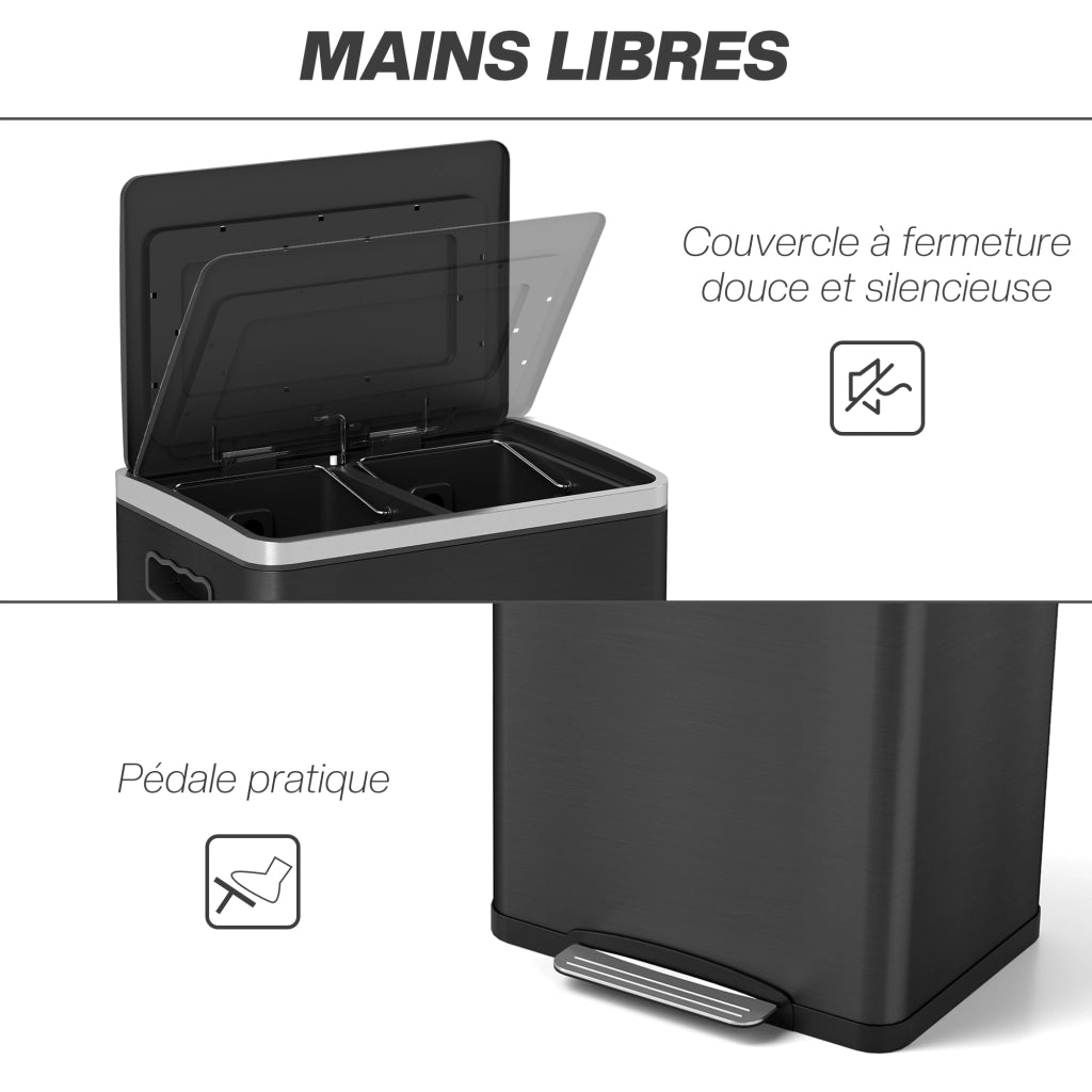 Cestino per la Cucina 2 Scomparti 2x20L ¨C zephmum ¨C Nero 40x34.8x59 cm