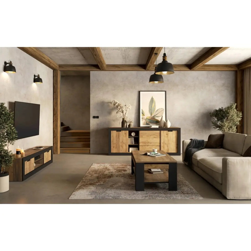 Pack Salotto Loft MEUNIER – Mobile TV, buffet & tavolino in Rovere Samdal & Nero Opaco