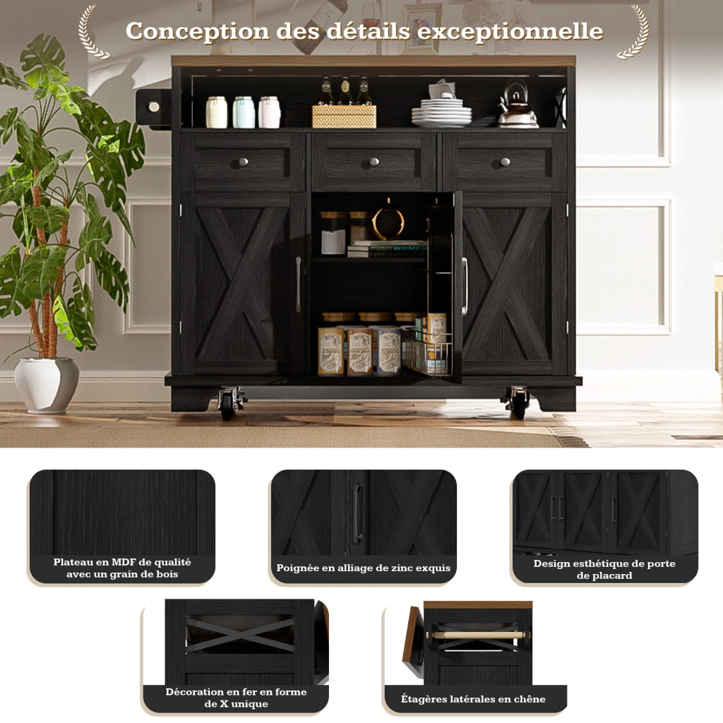OKWISH Isola da Cucina con 3 Cassetti, Piano Pieghevole e Ruote, Portaasciugamani Laterale, Nero, 118 x 43 x 98 cm