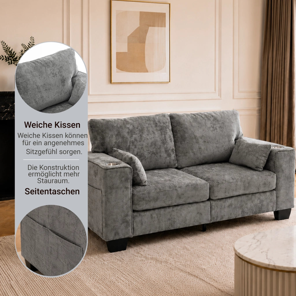 Divano a 2 posti con portabicchieri e tasche laterali in tessuto chenille grigio scuro per soggiorno 182 cm
