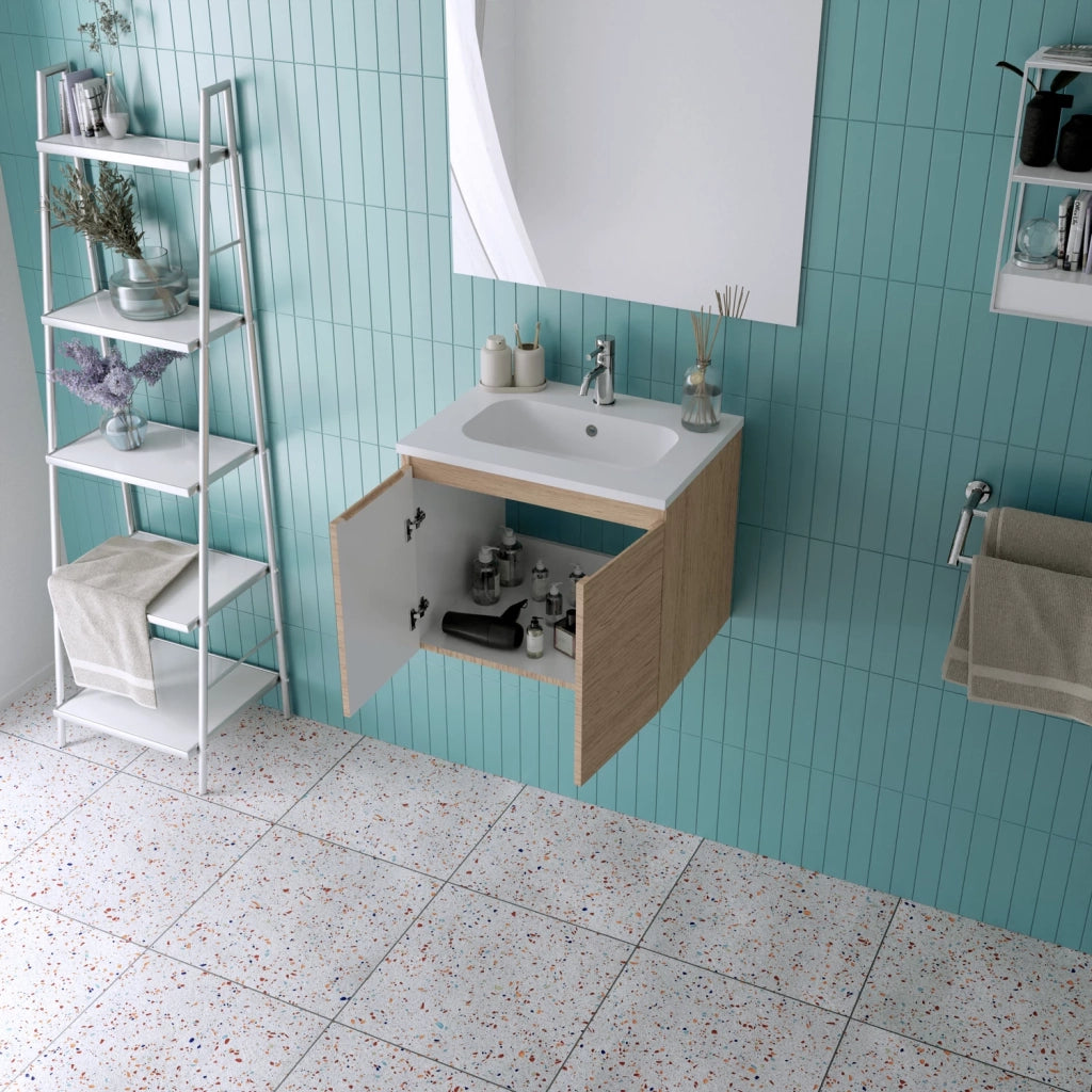 Mobile da bagno sospeso 60cm rovere chiaro con lavabo e specchio | Rata