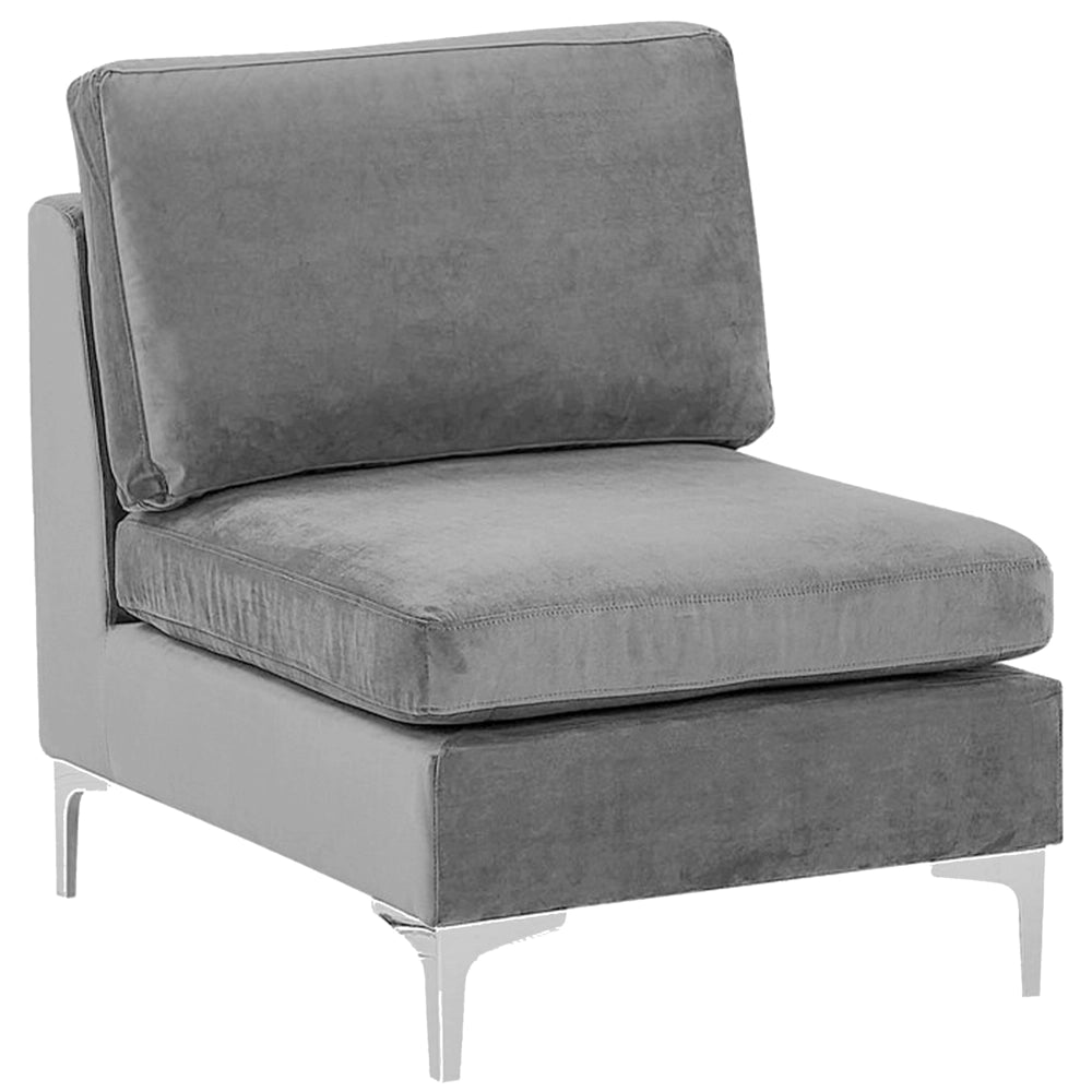 Divano componibile ad angolo versione destra in velluto grigio 4 posti a forma di L con gambe in metallo argento stile glamour