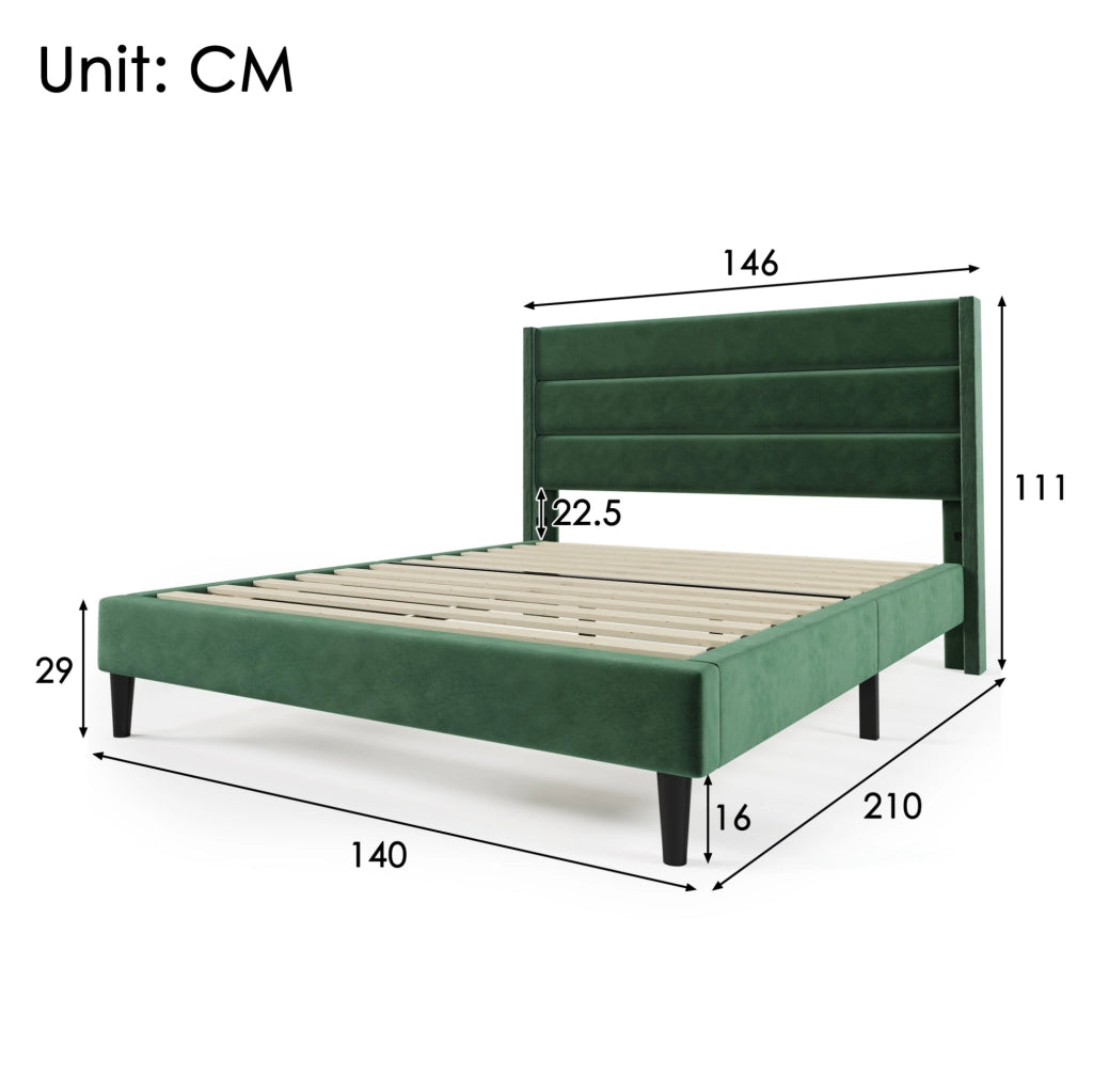 Letto imbottito matrimoniale 140x200 cm in velluto verde scuro con testiera e rete a doghe