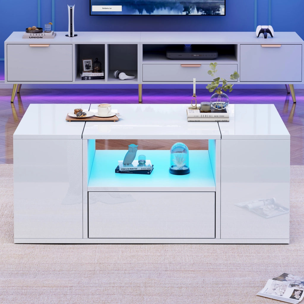 Tavolino da salotto bianco lucido con LED e vani contenitore