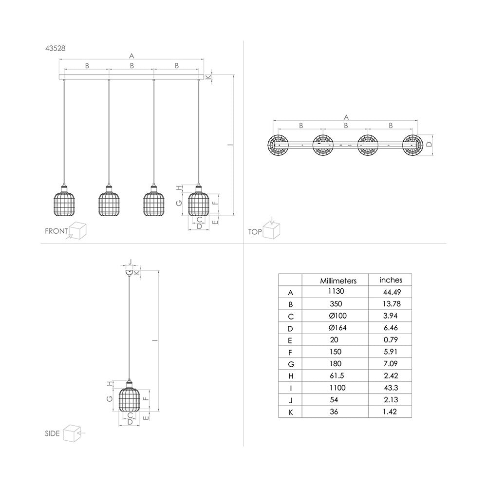 Lampadario Moderno Chisle 4 Luci Acciaio Nero