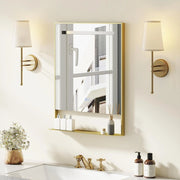 Specchio da Bagno LED 80 x 60 cm con Mensola, Specchio da Trucco con Cornice in Alluminio, Funzione Antiappannamento, 3 Colori di Luce e Luminosità Regolabile