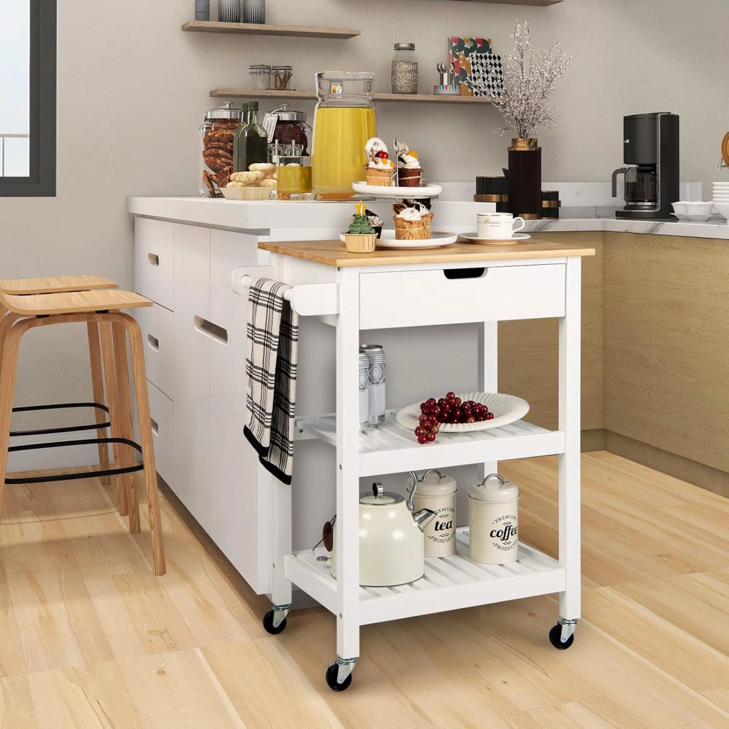 Carrello da Cucina con Ruote e Cassetto, Carrello Portaoggetti in Bambù con 2 Ripiani Aperti e Impugnatura, Carrello Bar da Cucina Sala da Pranzo Soggiorno (Bianco)