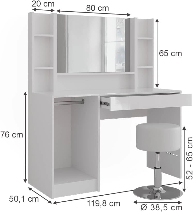 Tavolo da toeletta Sherry, Bianco/bianco lucido, 119.8 cm 5 parti