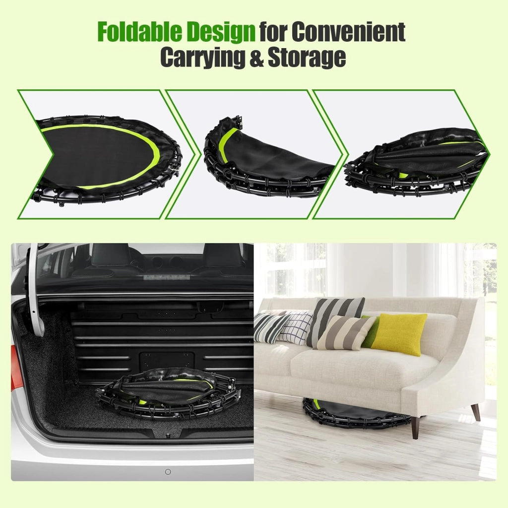 Trampolino Fitness Ø101 cm con Carico di 150 kg, Trampolino Elastico con 2 Fasce di Resistenza e Manico Regolabile in 4 Livelli, Mini Trampolino di Rimbalzo Pieghevole per Adulti e Bambini