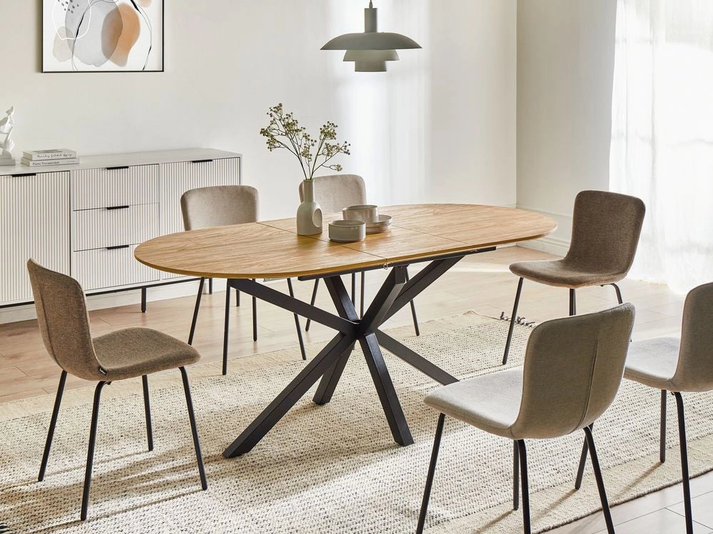 Tavolo da pranzo marrone nero con piano in MDF e gambe in ferro 140/180 x 90 cm allungabile ovale moderno sala da pranzo cucina
