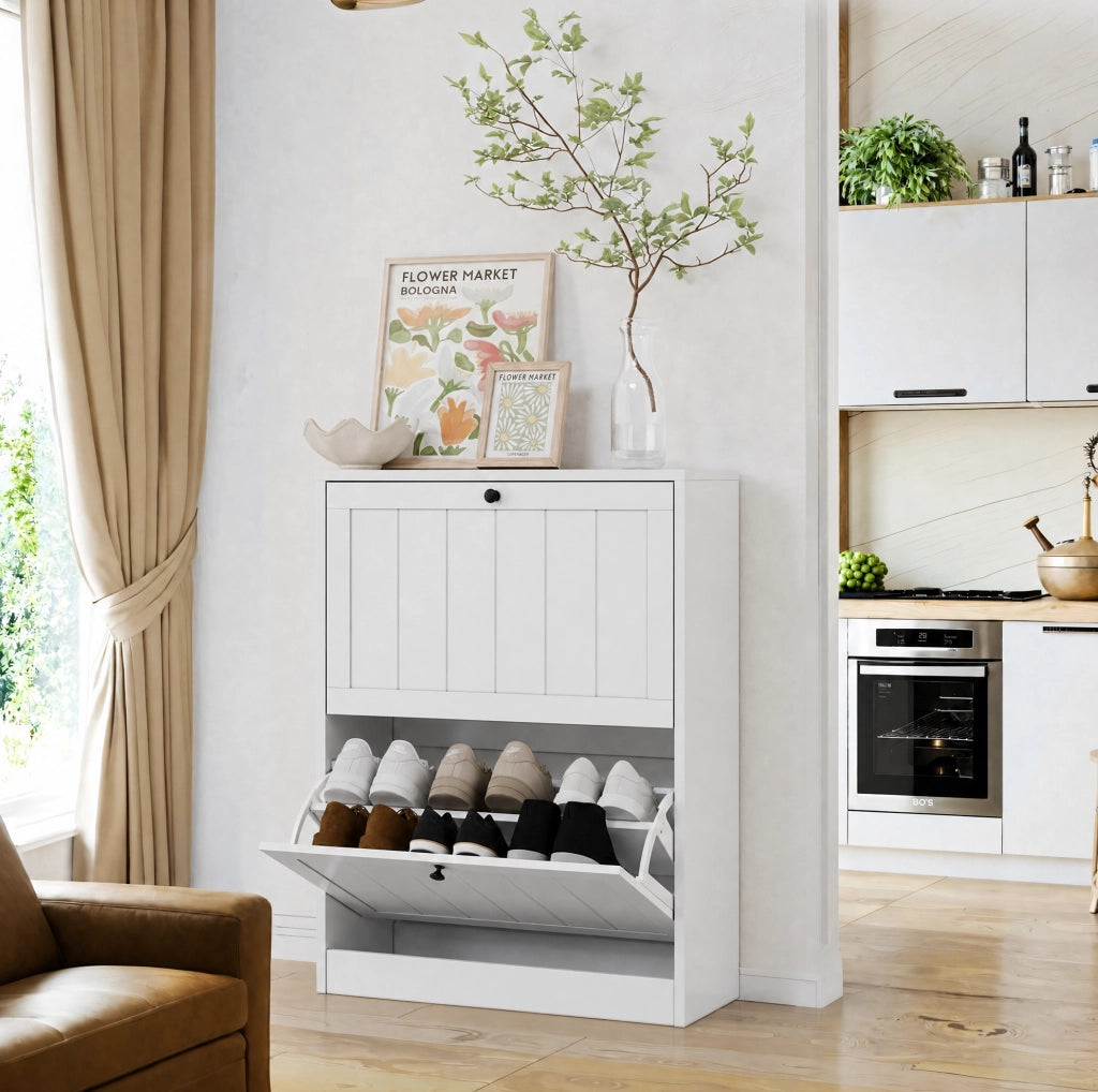 Scarpiera freestanding con 2 cassetti a ribalta; MDF e truciolare bianco