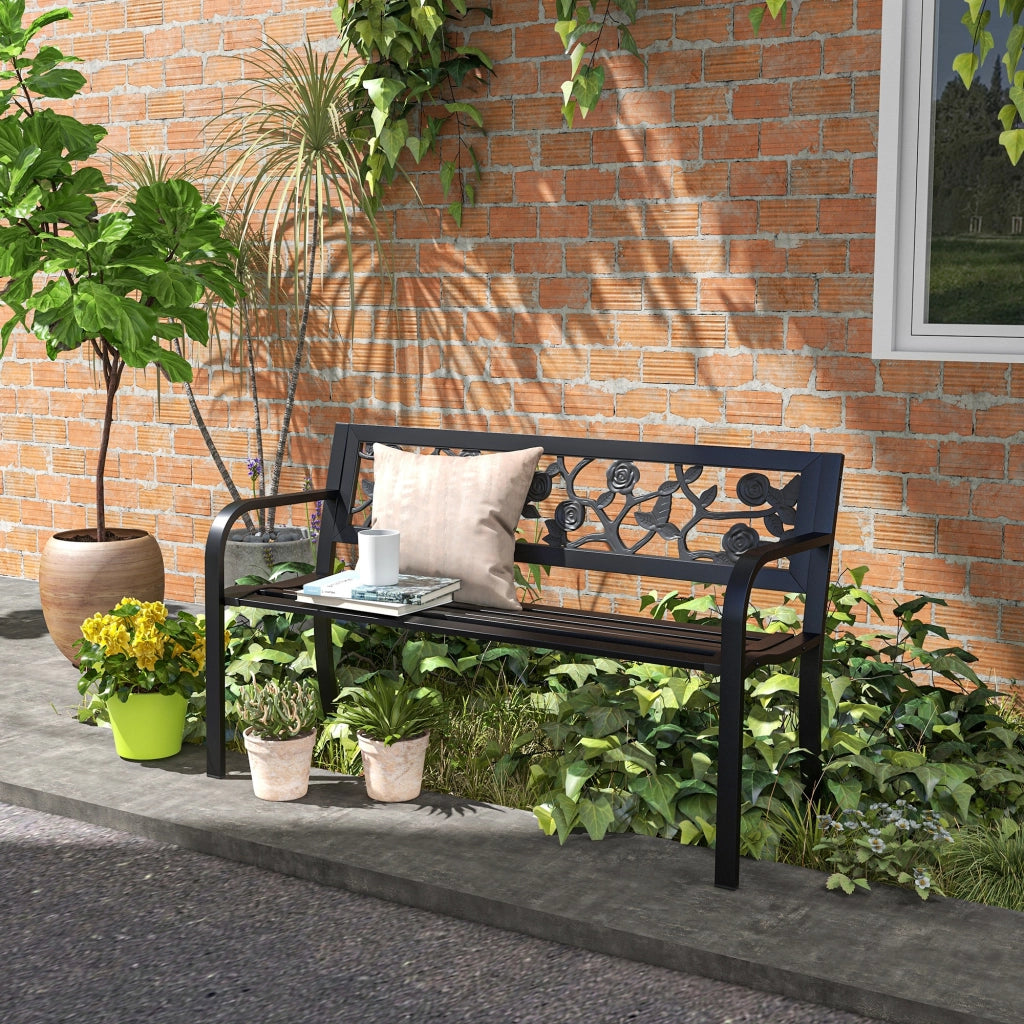 Panchina da giardino 2 posti in acciaio resistente per esterno e terrazzo, schienale decorato e braccioli, 127x50x75cm, nero