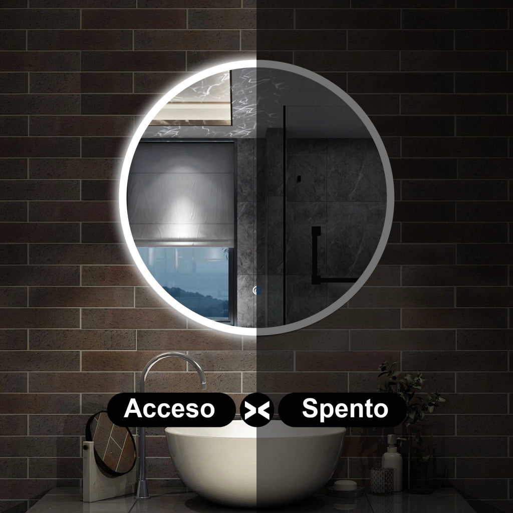 specchio 80 cm rotondo retroilluminato con antiappannamento, funzione dimmerabile e morbido bagliore esterno
