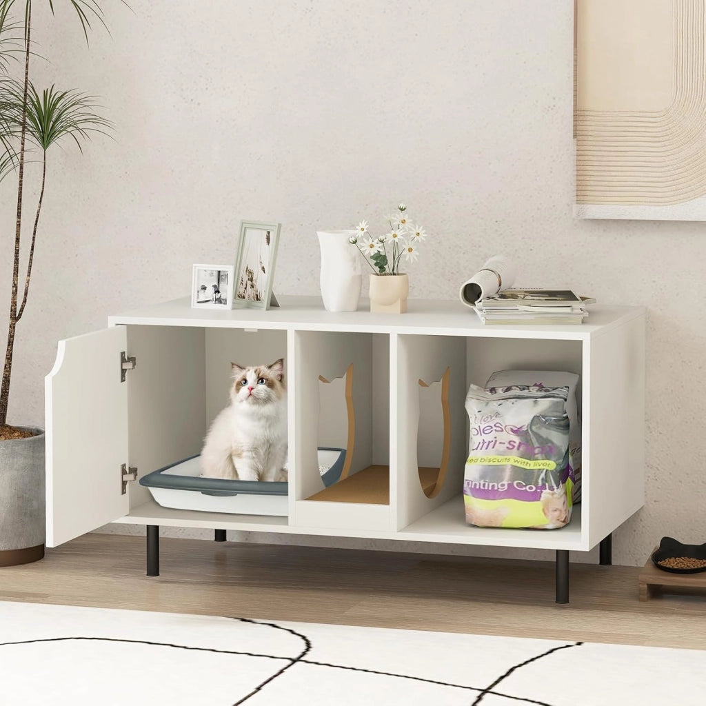 Lettiera Nascosto, Mobile Laterale in Legno con Ingresso a Forma di Testa di Gatto, Pannello Grattugia Rimovibile e Gambe in Metallo, Tavolino per Animali Domestici, Bianco, Portata di 120 kg