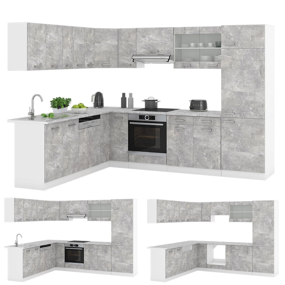 Cucina angolare completa R-Line Calcestruzzo/Bianco 287 x 227 cm senza piano di lavoro Vicco
