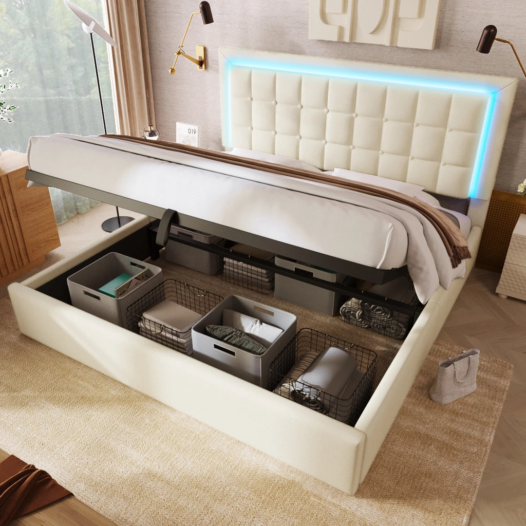 LETTO Contenitore 140x200 cm con LED, PU Bianco